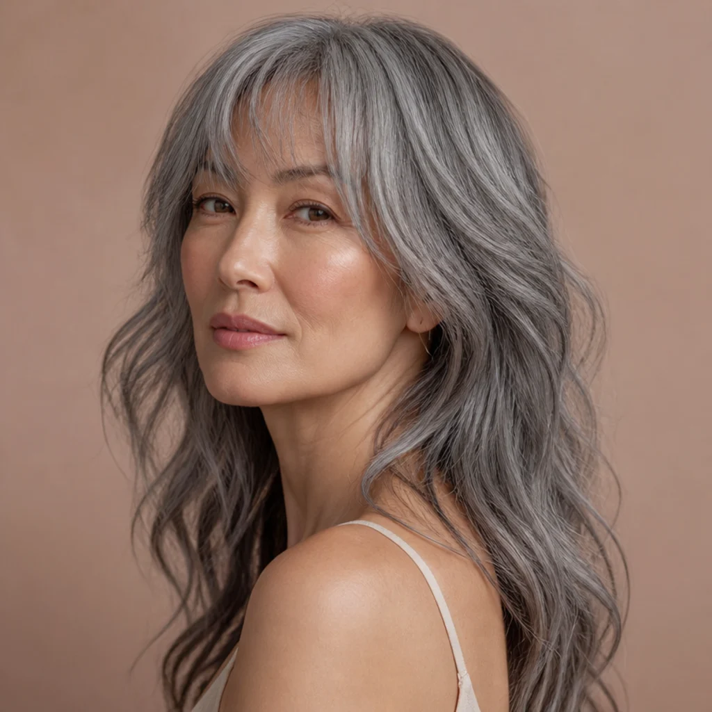 Woman with a silver-gray long wavy shag, dimensional cool-toned gray waves and soft fringe, muted blush background, three-quarter portrait