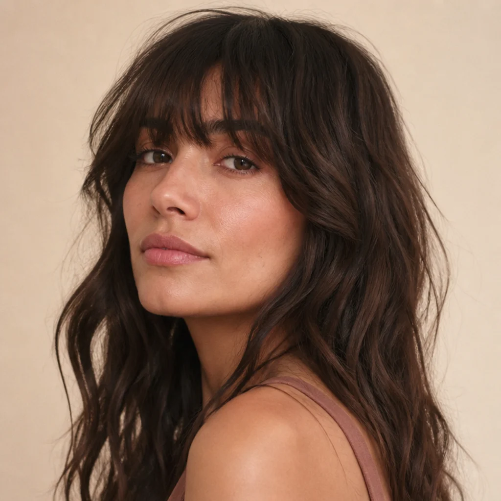 Woman with an undone everyday long wavy shag, relaxed natural waves and soft air-dried fringe, warm ivory background, three-quarter portrait