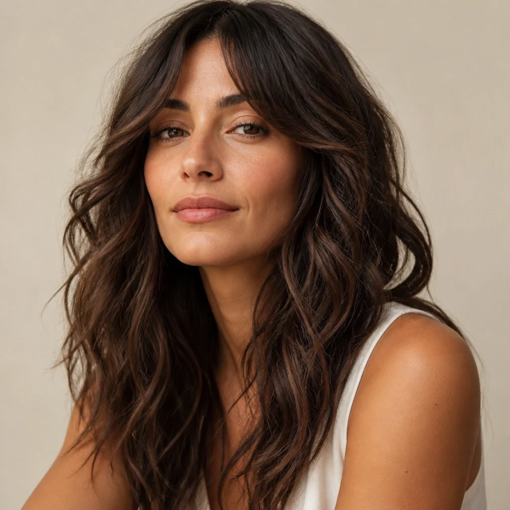 Three-quarter studio portrait of a woman with a long wavy shag haircut, curtain bangs, and soft face-framing layers in warm brunette