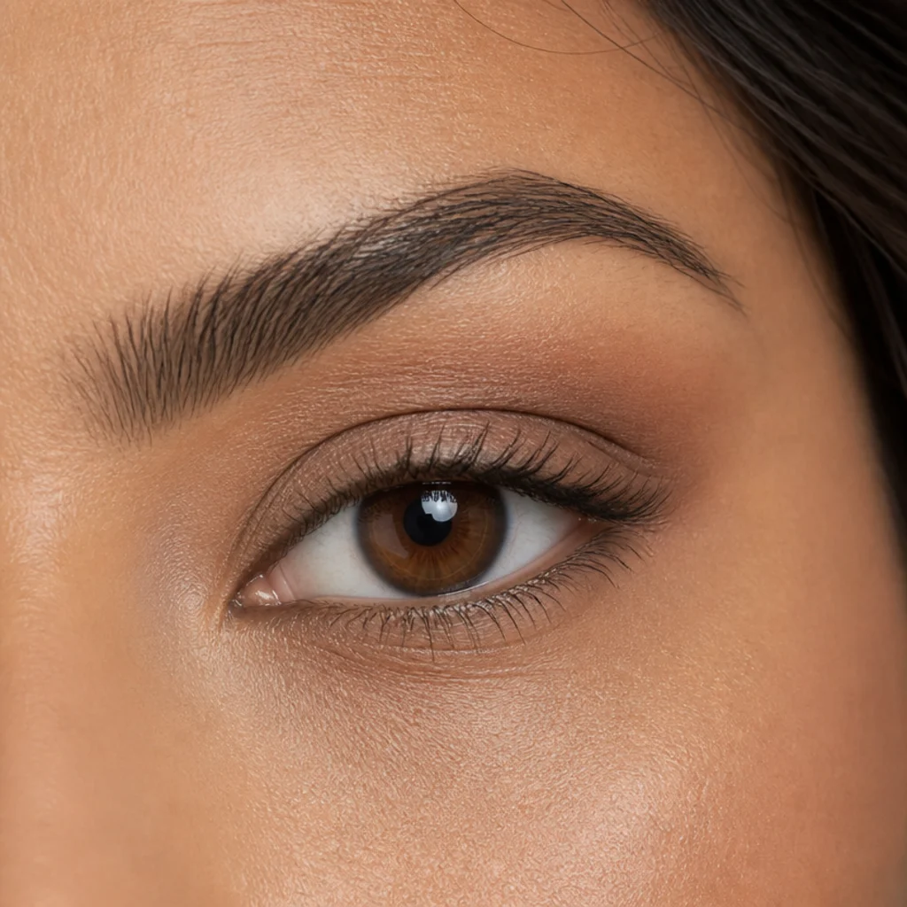 Close crop of almond eyes wearing a soft taupe wash across the lid with a defined lash line and single mascara coat