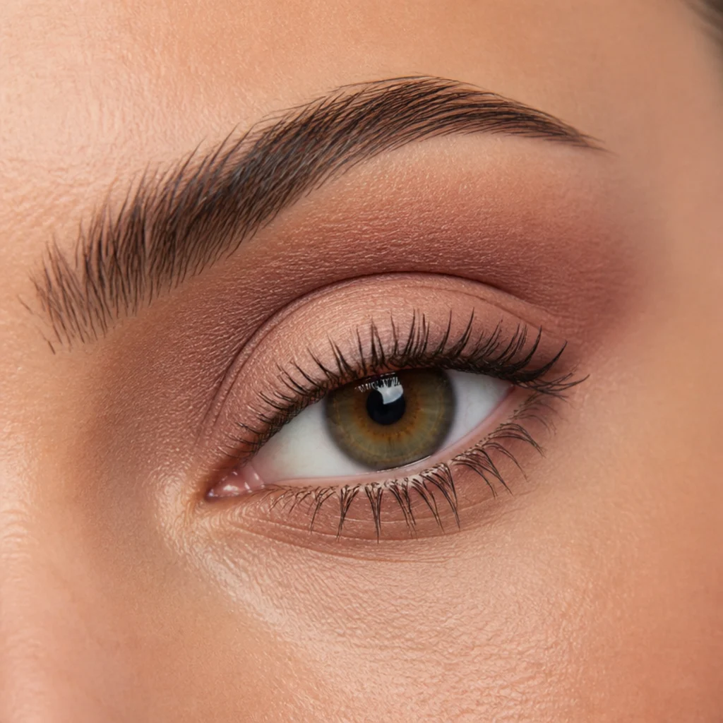 Hooded eyes with shadow definition placed above the natural fold so color stays visible when the eyes are open