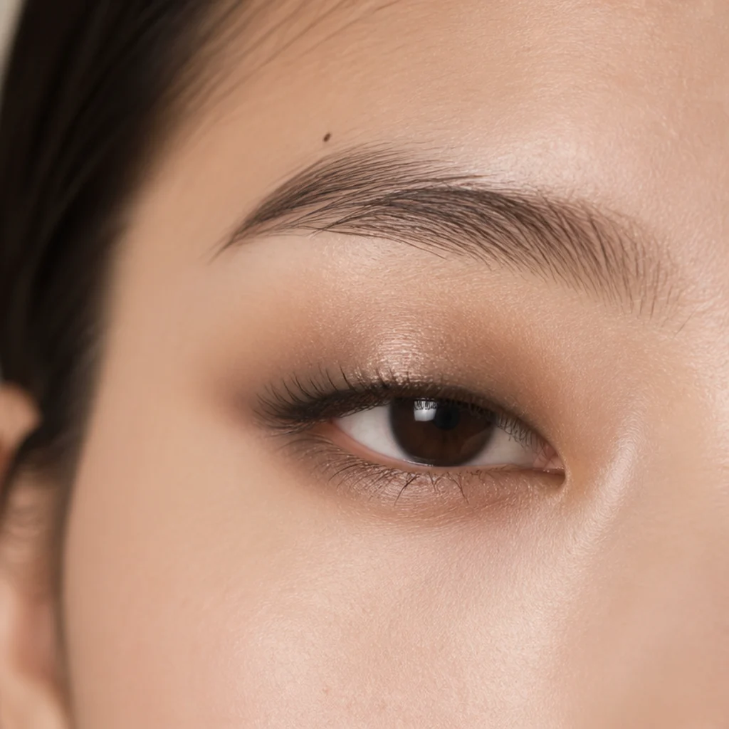 Monolid eyes wearing a smoky gradient built vertically from the lash line upward and kept concentrated near the lashes