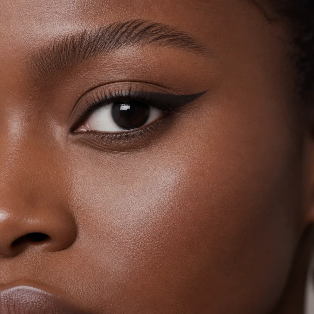 Round eyes lengthened with an extended winged liner drawn straight out from the outer corner toward the temple