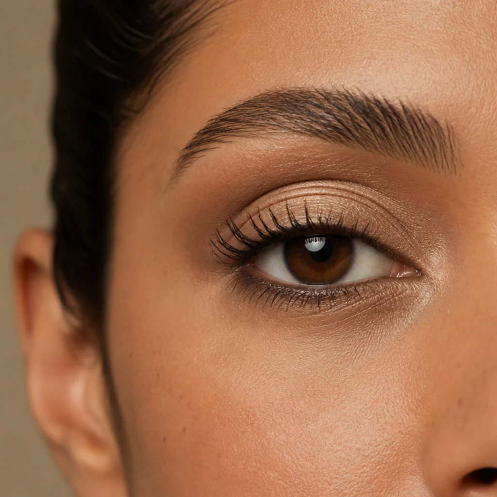 Deep-set eyes brought forward with a luminous champagne shimmer patted onto the center of the mobile lid
