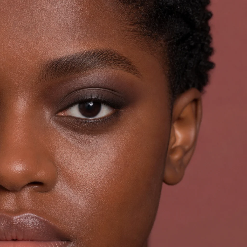Protruding eyes softened with a matte medium-tone shadow blended evenly over the full lid