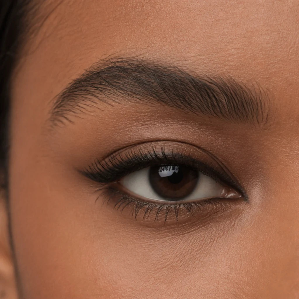 Wide-set eyes visually pulled together with darker shadow and liner placed near the inner corners