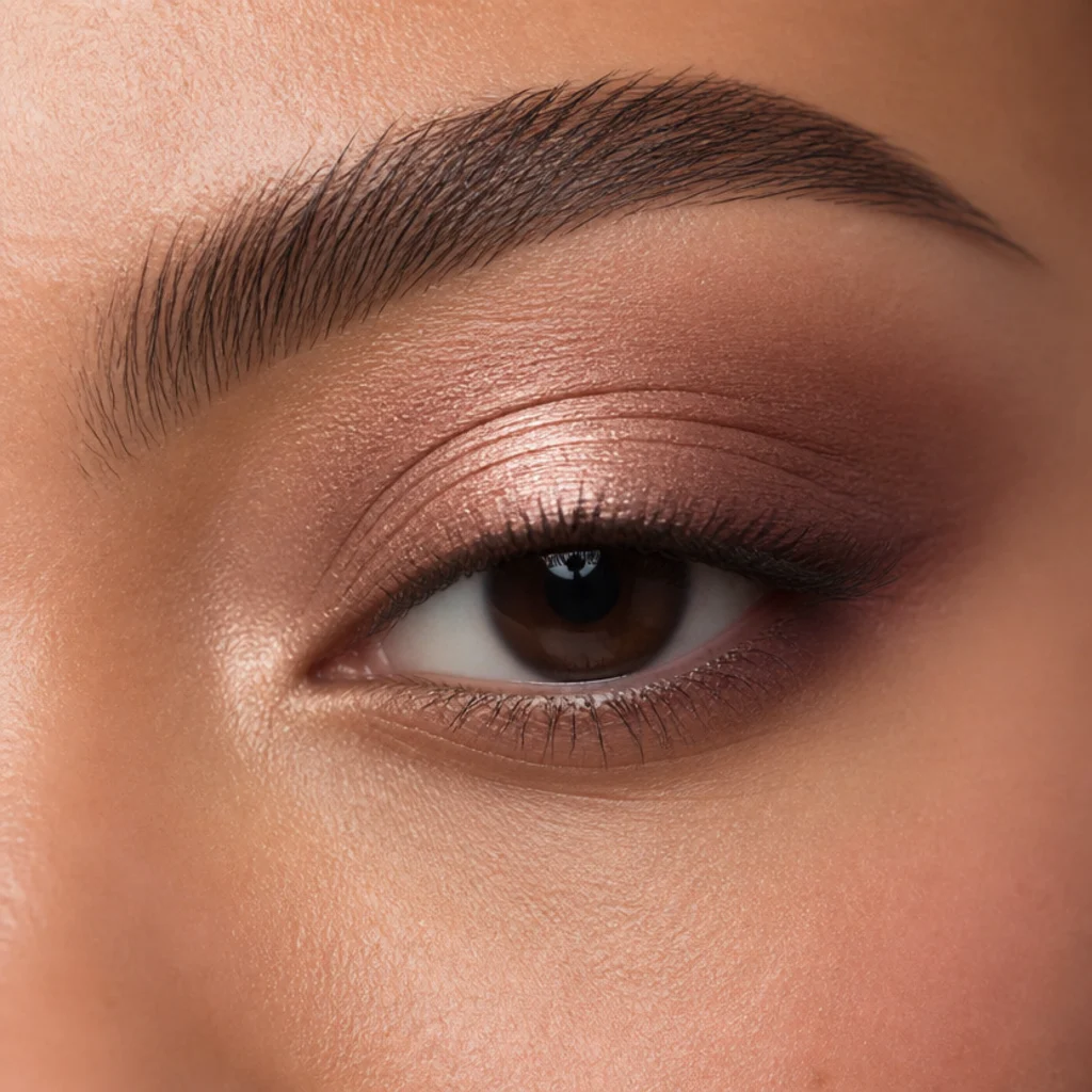 Almond eyes with a lighter shimmer in the lid center framed by deeper shades on the inner and outer corners