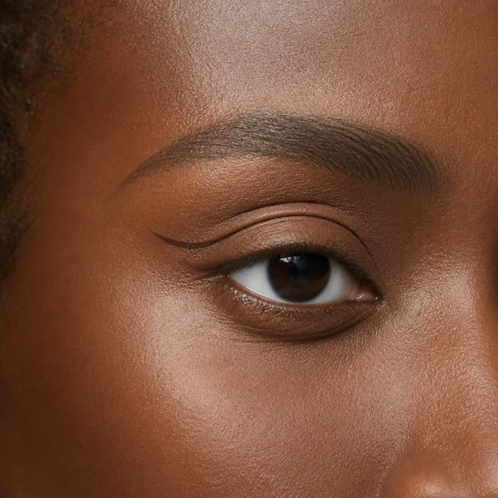Hooded eyes with a floating liner drawn above the fold so the line stays visible when the eye is open