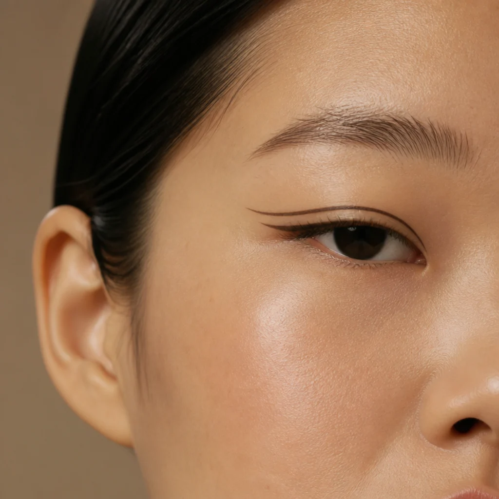 Monolid eyes with two parallel graphic liner lines following the lash line and meeting at a soft outer point