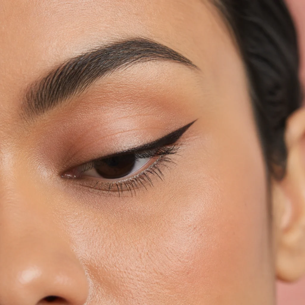 Downturned eyes lifted with a classic upward cat-eye liner flick angled toward the brow tail