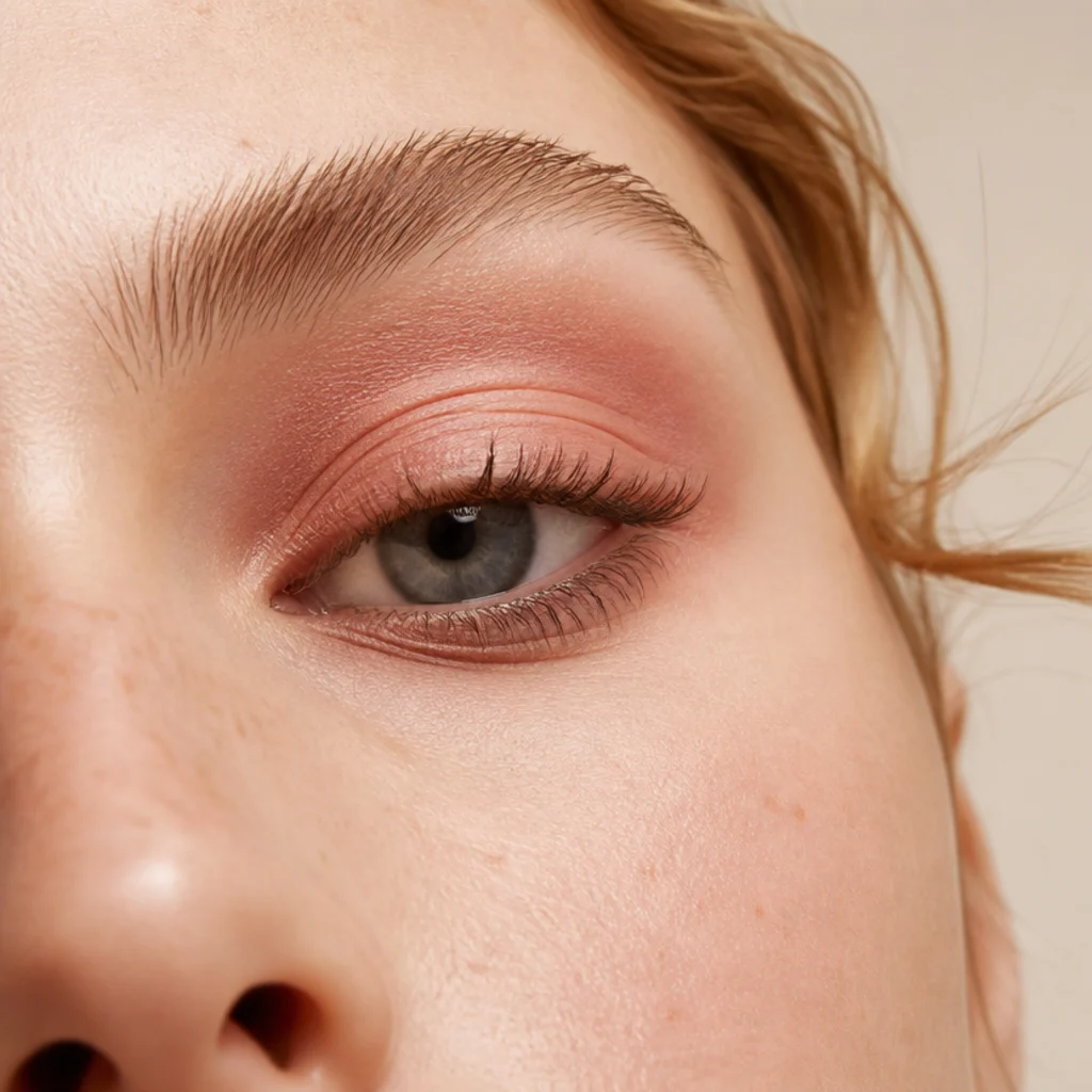 Deep-set eyes with a soft blush-toned shadow draped up from the lid toward the brow bone for a warm glow
