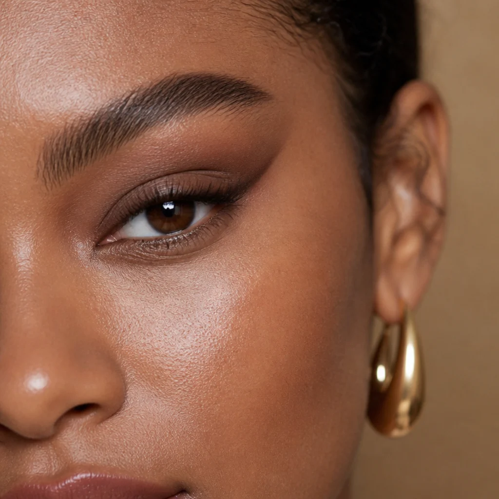 Almond eyes with an elongated fox-eye look pulling shadow and liner up and out toward the temples