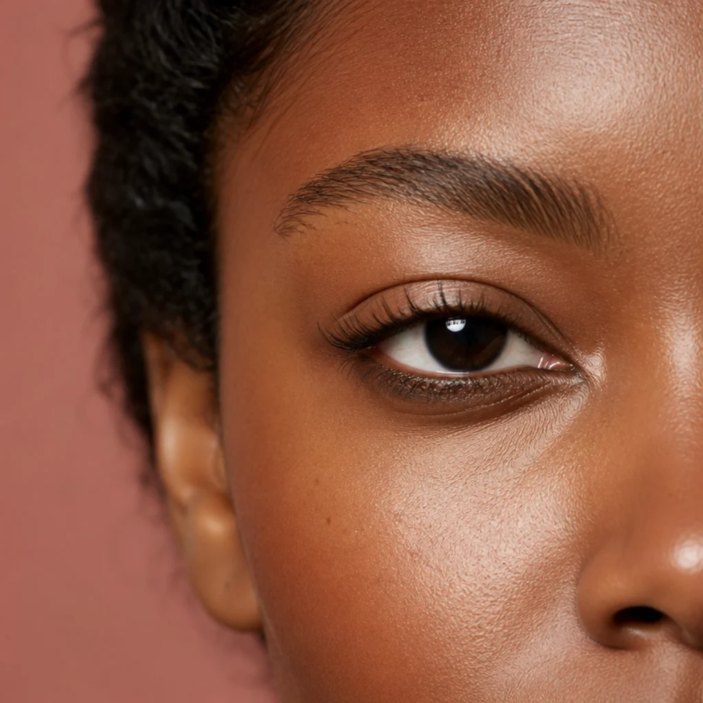 Hooded eyes defined with a soft smudged liner along the lower lash line and a bare upper lid