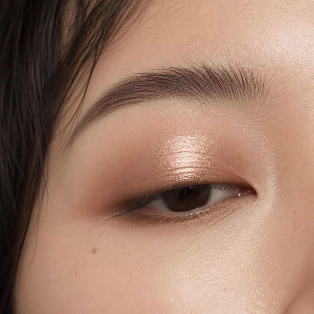 Monolid eyes with a bright metallic shade patted onto the center of the lid over a matte base