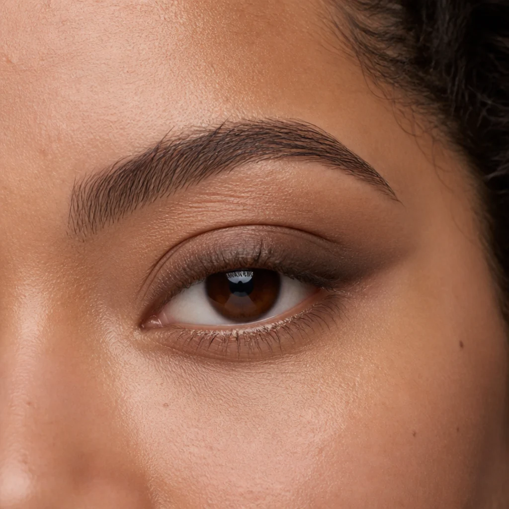 Round eyes elongated with a level horizontal band of smoky shadow stretching just past the outer corner