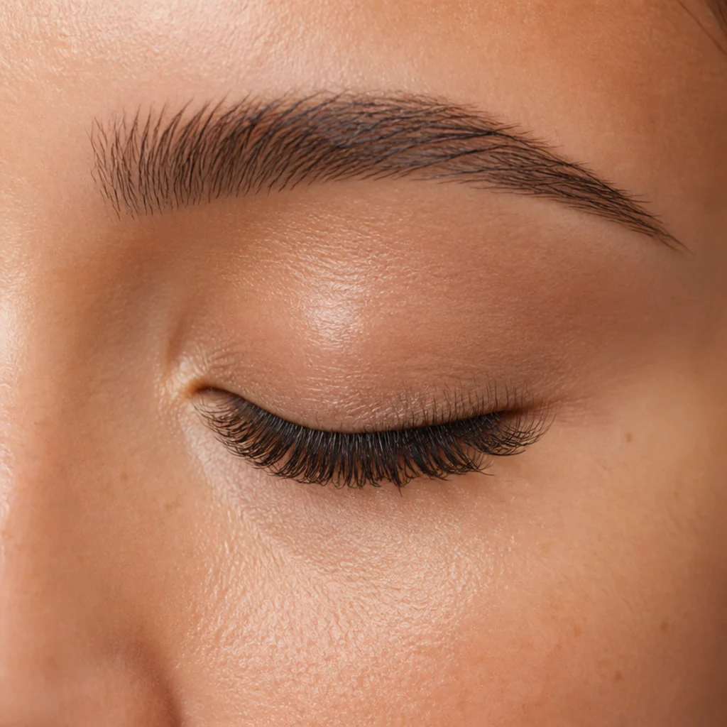 Downturned eyes with a lower lash map that keeps outer-corner lashes shorter for a lifted effect