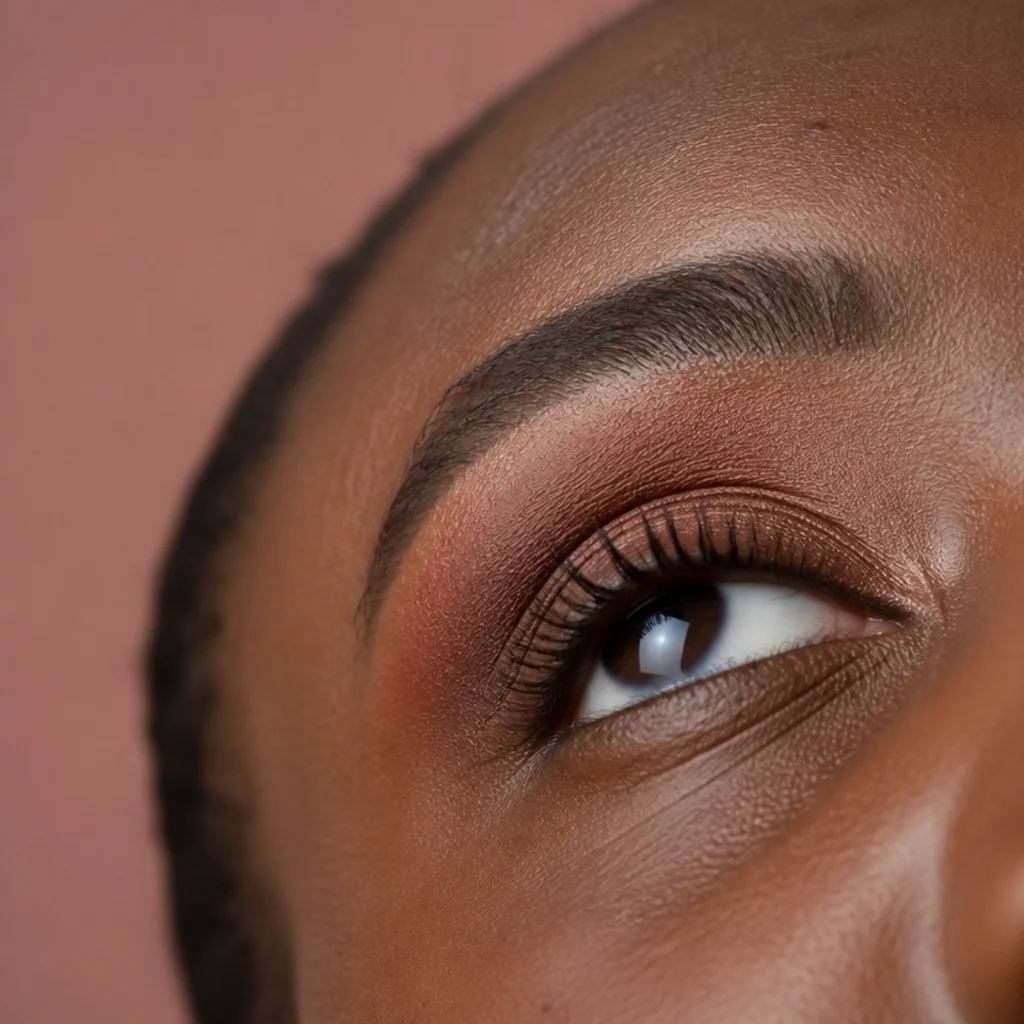 Upturned eyes with a warm terracotta crease shade blended softly through the socket in a windshield motion