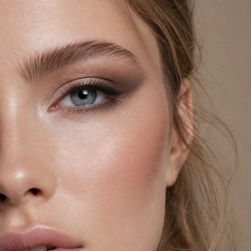 Close-set eyes widened with smoky shadow diffused outward toward the temples and a light inner lid