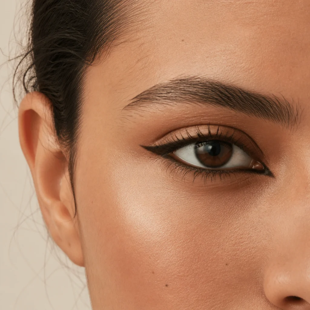 Wide-set eyes drawn together with liner connected across the inner corners and a minimal outer wing