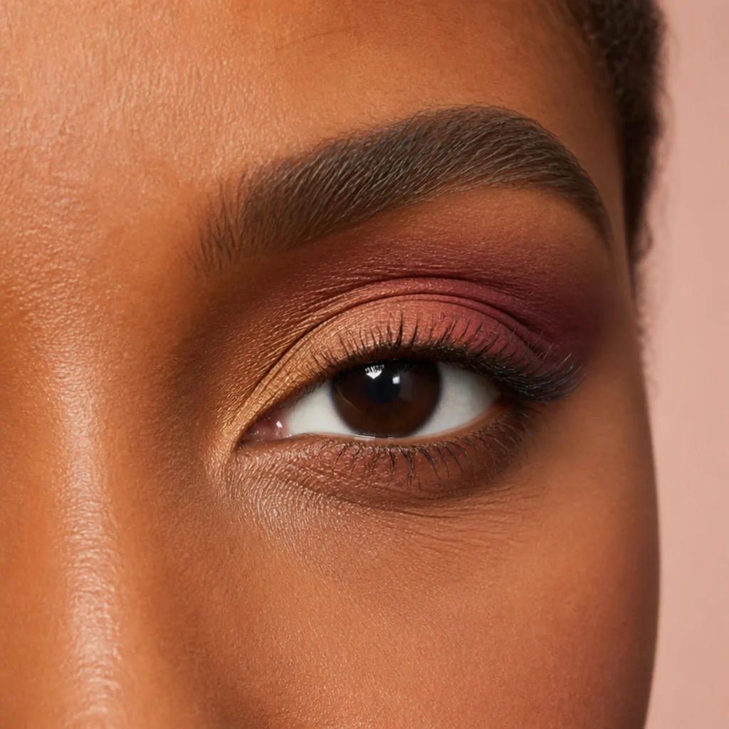 Almond eyes with a warm sunset gradient blending amber into rose and plum across the lid