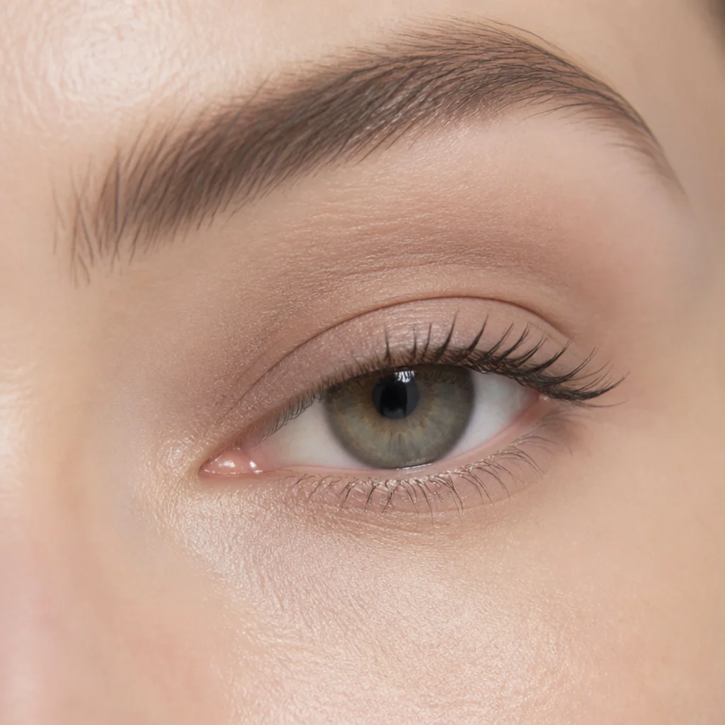 Hooded eyes with a single diffused matte transition shade above the fold and no shimmer