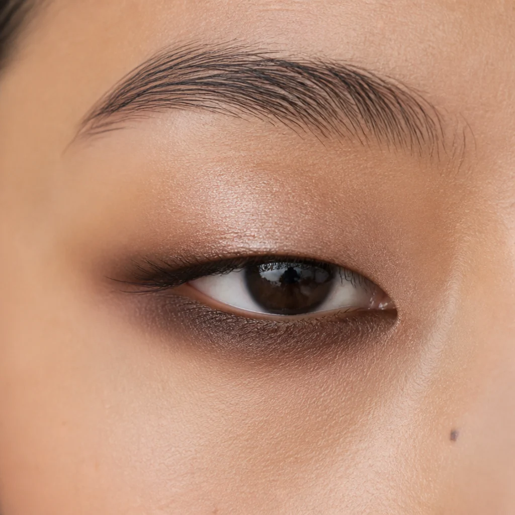 Monolid eyes with a reverse smoky look weighted along the lower lash line and a light upper lid