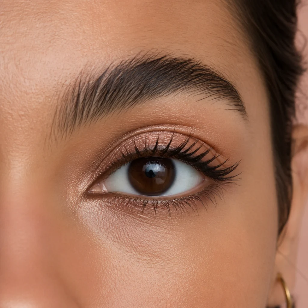 Round doe eyes with soft lower lash definition and a light shimmer center for an open, wide-awake look