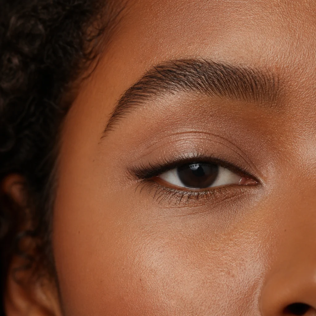 Deep-set eyes with a thin, softly smudged liner kept close to the lashes so it does not deepen the socket