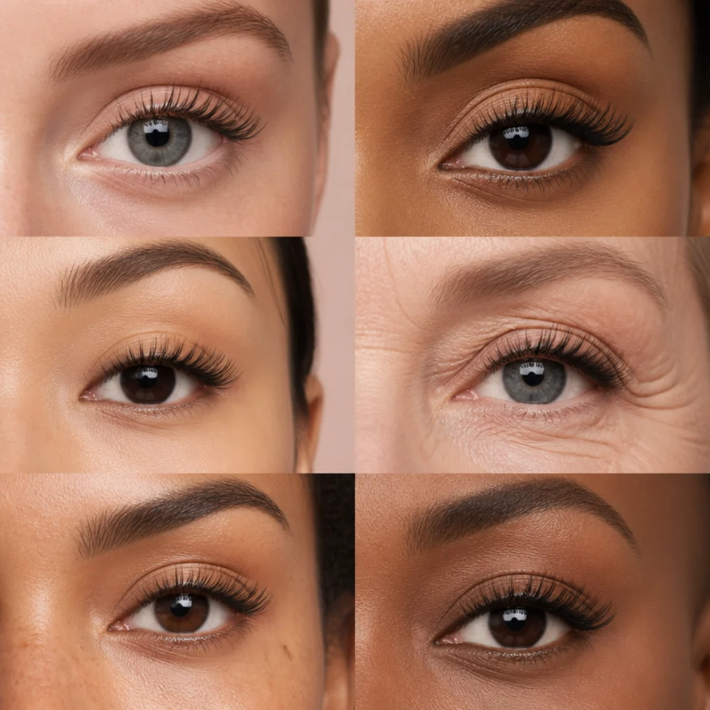 Comparison chart of lash mapping across eye shapes showing length placement for almond, round, hooded and downturned eyes