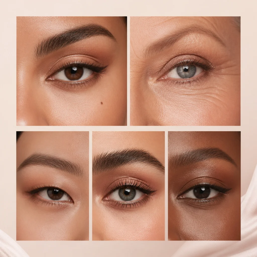 Editorial flat-lay eye shapes chart showing almond, hooded, monolid, round and downturned eyes with matching liner and shadow placement