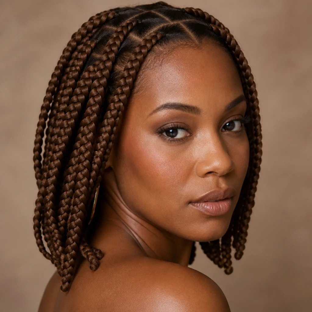 Three-quarter view of medium jumbo knotless box braids in warm chestnut brown falling just past the shoulders with clean square parts