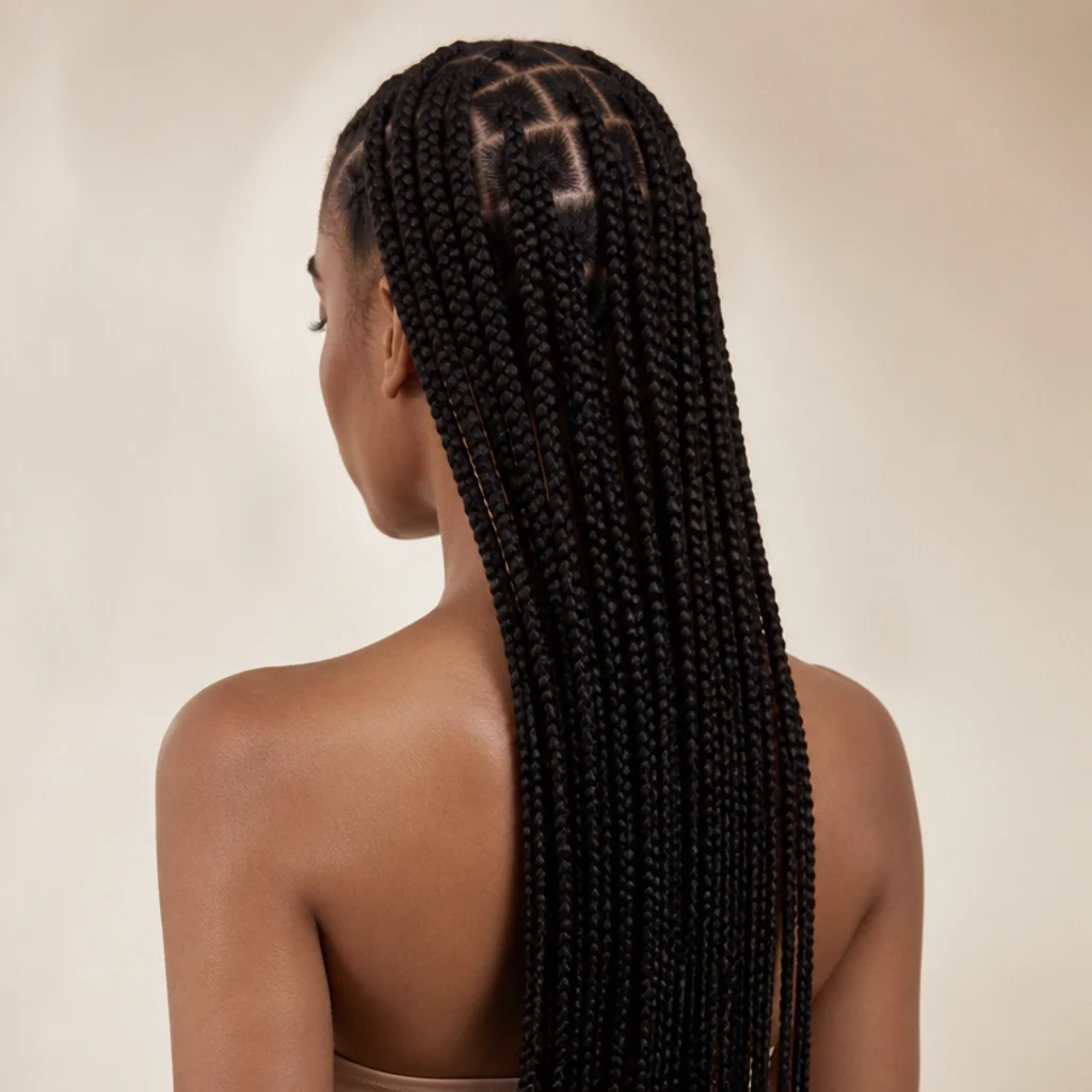 Back view of long jet black medium jumbo knotless box braids reaching the waist with clean square parting