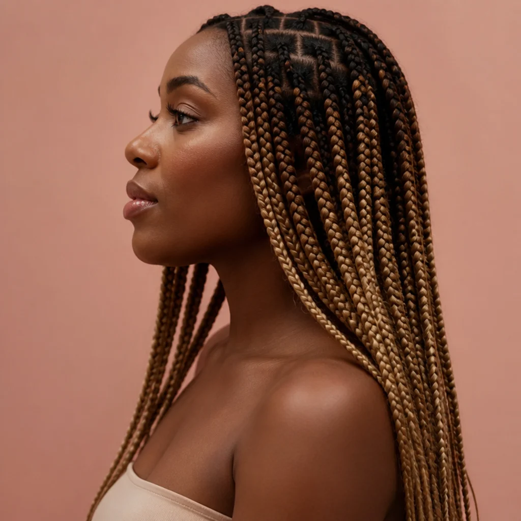 Side profile of medium jumbo knotless box braids fading from dark roots into honey blonde ends