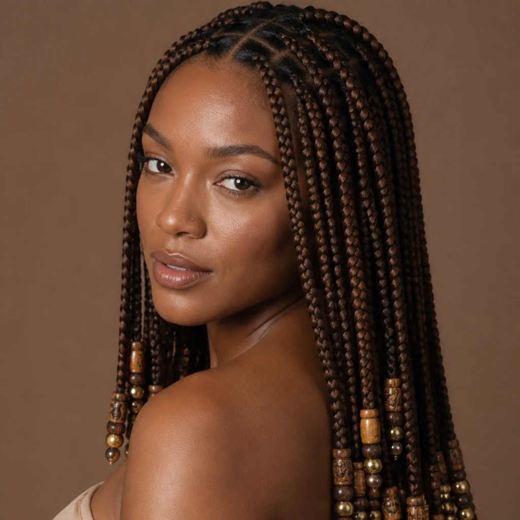 Three-quarter view of medium jumbo knotless box braids finished with wooden and gold beads on the ends