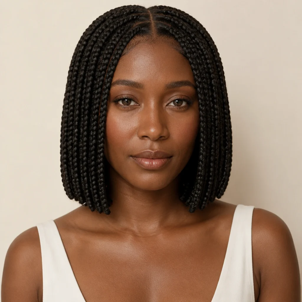Front-facing medium jumbo knotless box braids cut into a blunt shoulder-length bob
