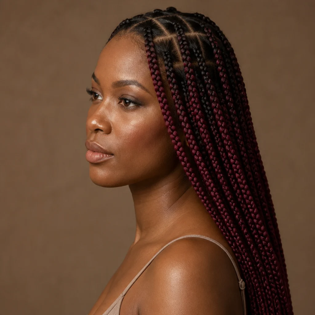 Side view of medium jumbo knotless box braids in a deep burgundy wine tone with square parts