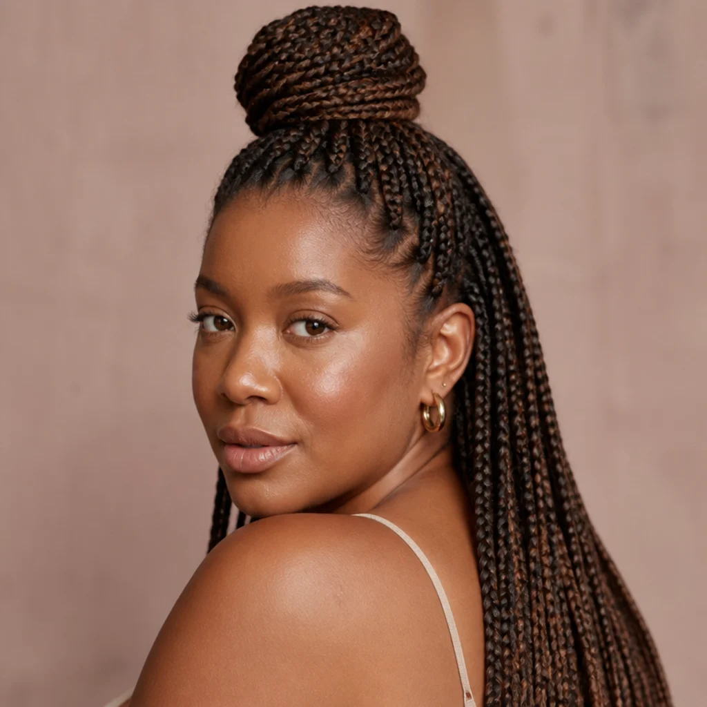 Three-quarter view of medium jumbo knotless box braids styled half-up into a high bun with the rest left down