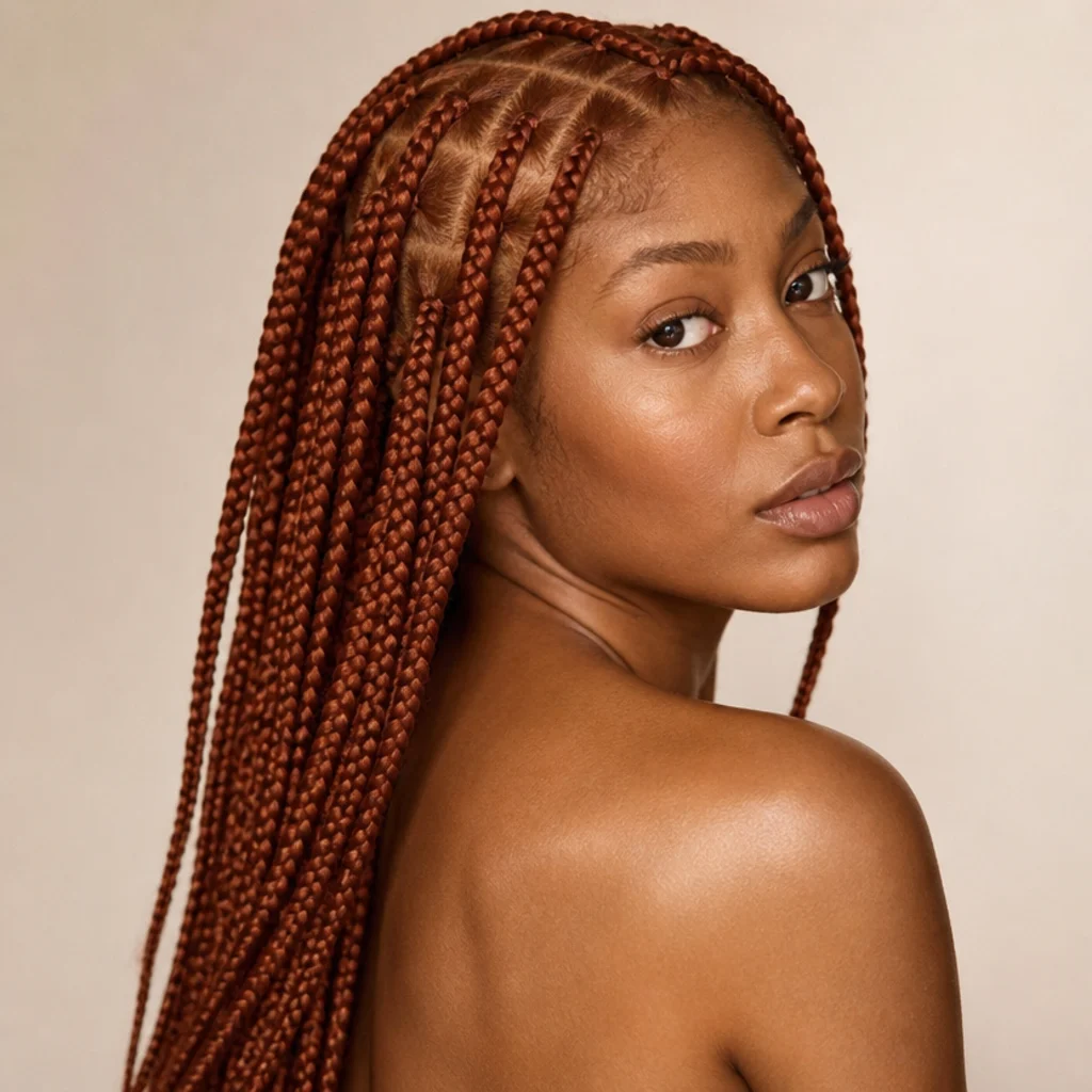 Back three-quarter view of medium jumbo knotless box braids in a warm copper ginger shade