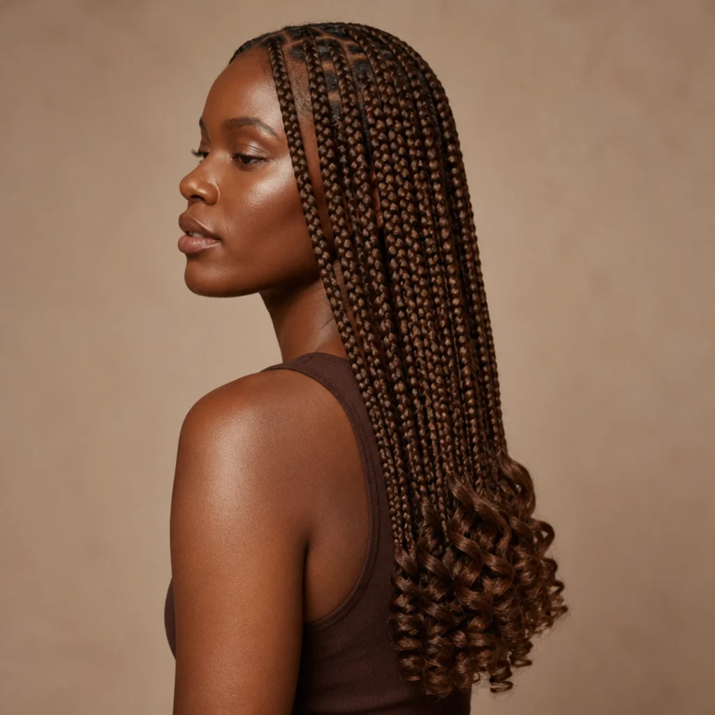 Side profile of medium jumbo knotless box braids left straight through the length with loose curly ends