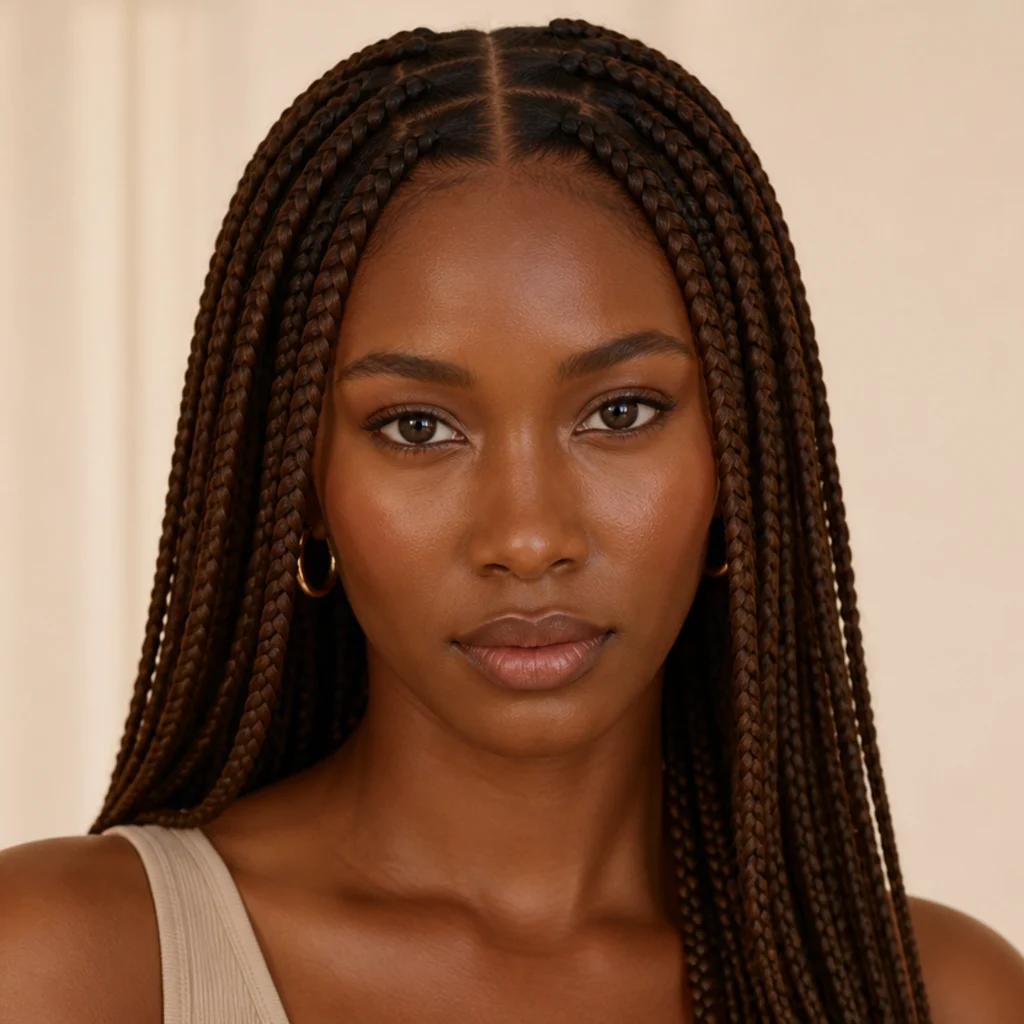 Front-facing medium jumbo knotless box braids with a clean straight center part and symmetrical sections