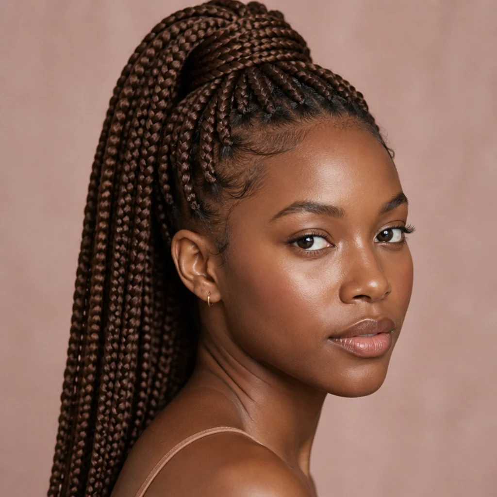 Three-quarter view of medium jumbo knotless box braids gathered into a sleek high ponytail