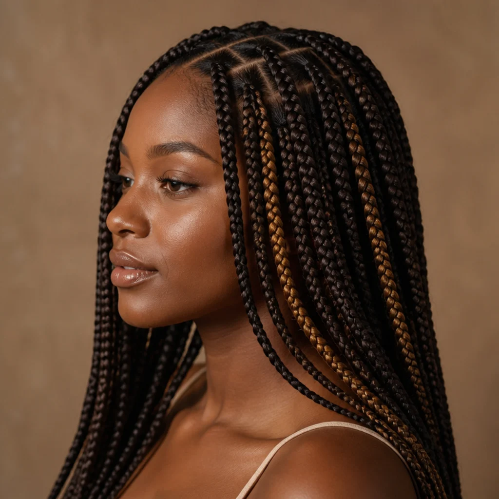 Side view of medium jumbo knotless box braids in dark brown with soft caramel highlighted braids throughout