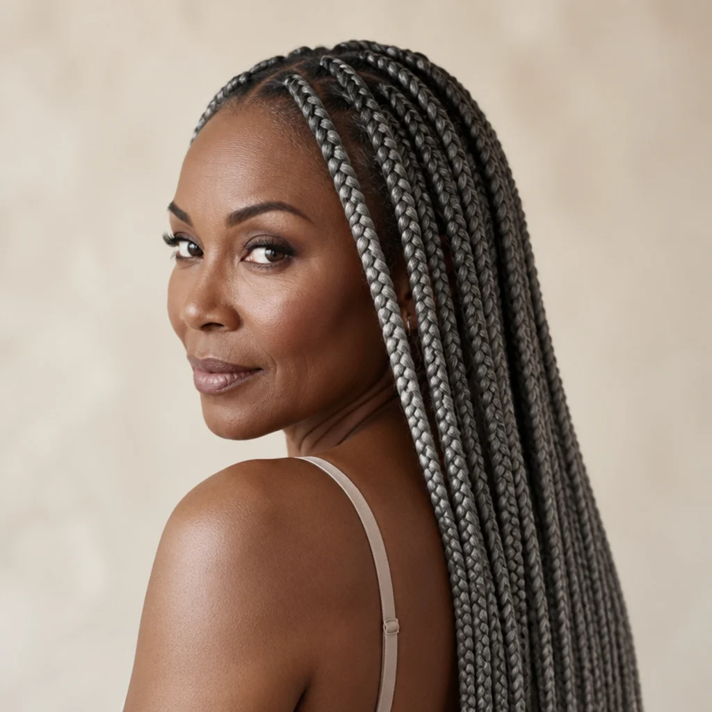 Back three-quarter view of long medium jumbo knotless box braids in a cool gray silver shade