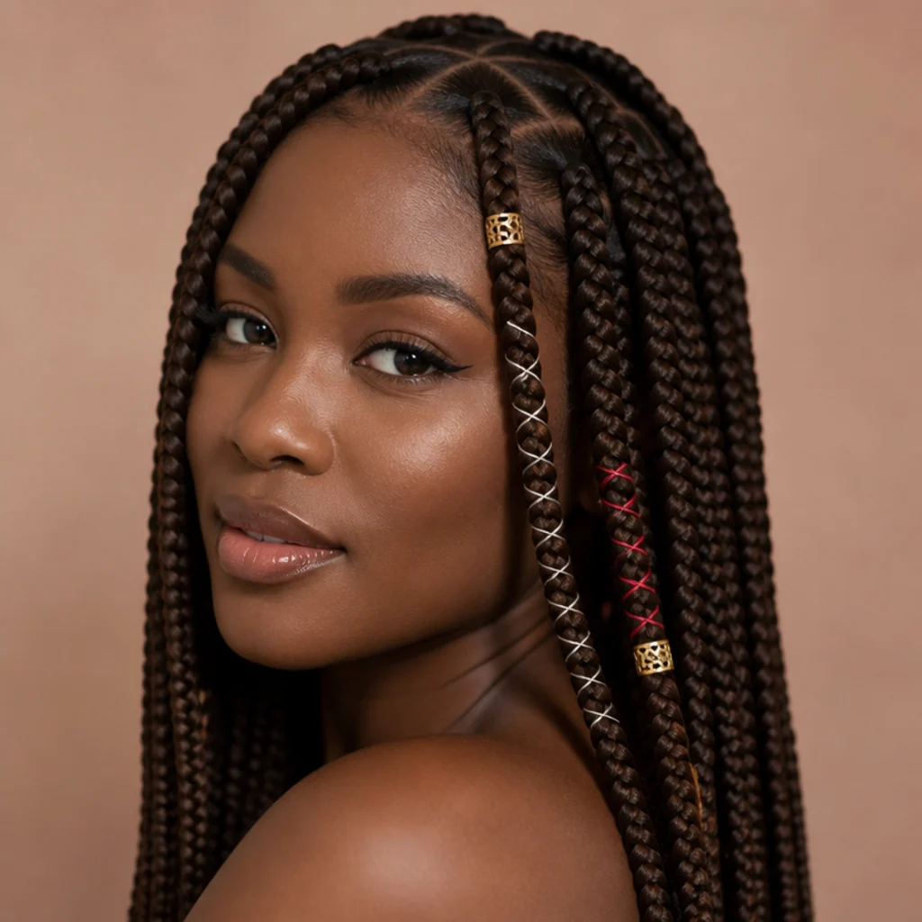 Close three-quarter view of medium jumbo knotless box braids decorated with gold cuffs and colored thread wraps