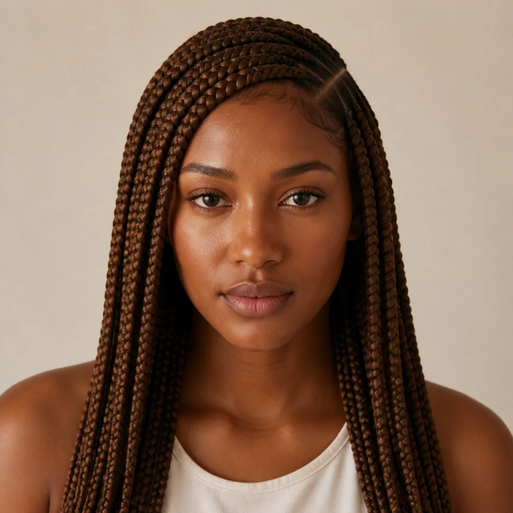 Front-facing medium jumbo knotless box braids with a deep side part sweeping braids across the forehead