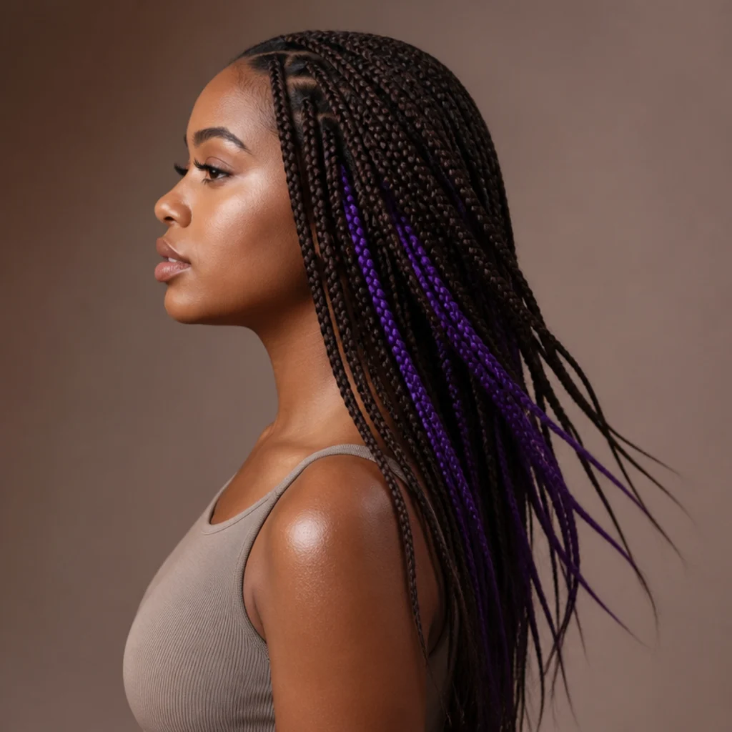 Side view of medium jumbo knotless box braids in dark brown hiding a bright peekaboo color underneath