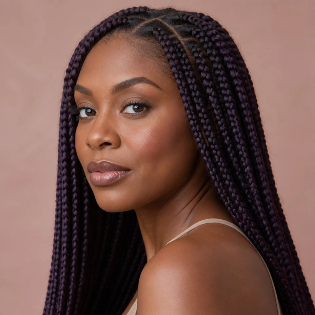 Three-quarter view of medium jumbo knotless box braids in a deep plum purple tone with clean parting