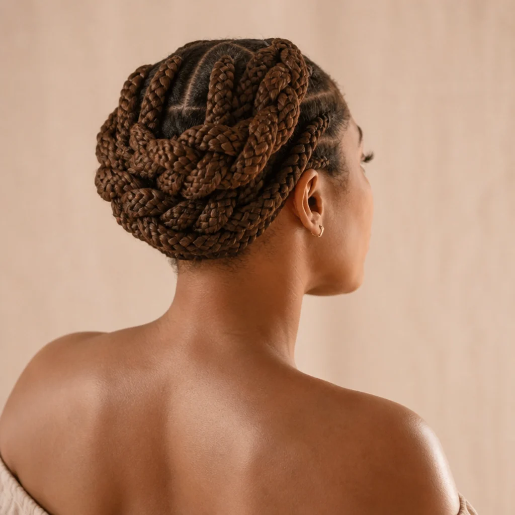 Back view of medium jumbo knotless box braids gathered and wrapped into a braided crown updo around the head