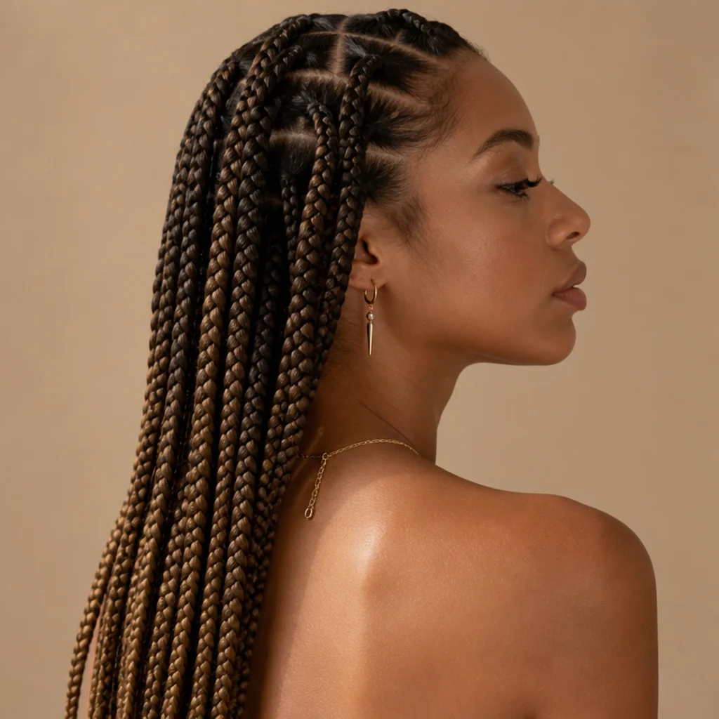 Side profile of medium jumbo knotless box braids with natural dark roots fading into lighter brown length