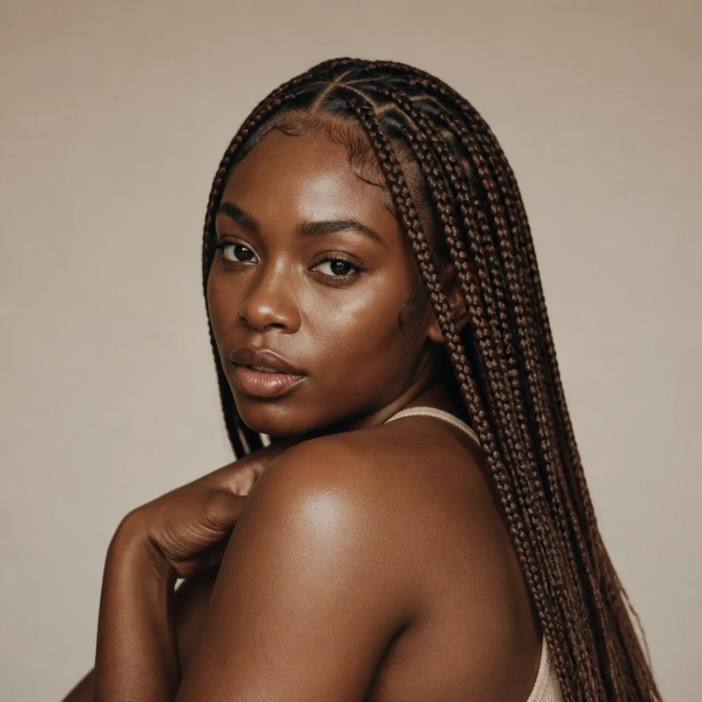 Three-quarter view of mid-back-length medium jumbo knotless box braids with laid edges and styled baby hairs